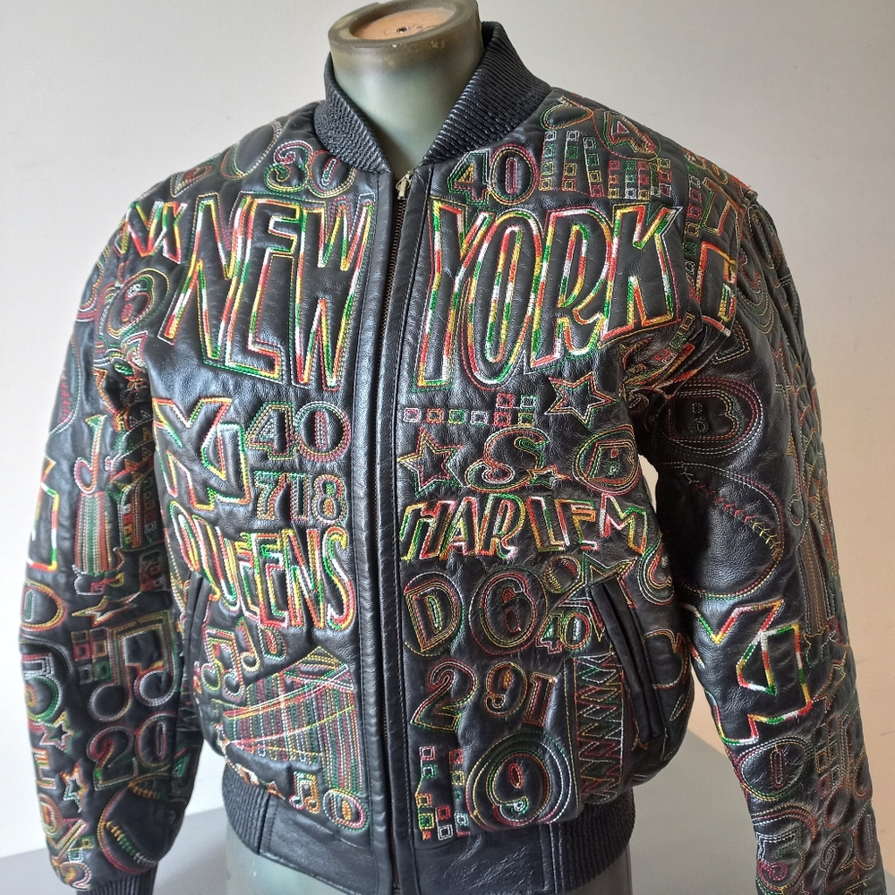 Women's Embroidered Leather NEW YORK Bomber Jacket Size M